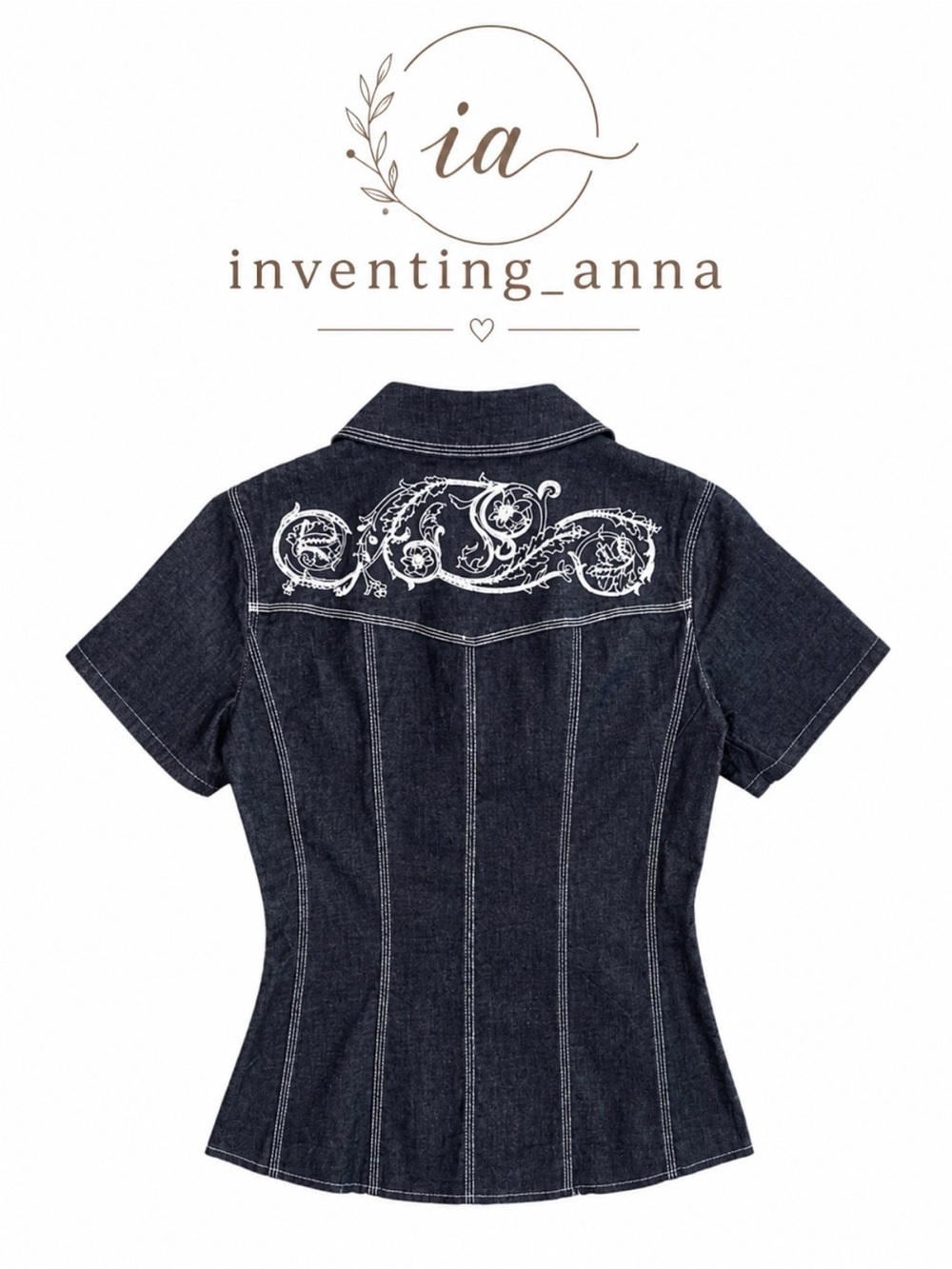 Susan Graver Black Denim Embroidered Sequin Western Short Sleeve Shirt